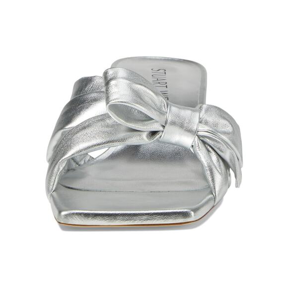 Stuart Women’s Sofia 45 Slide High Heels Size 6 Silver Leather Bow NIB - Picture 3 of 14